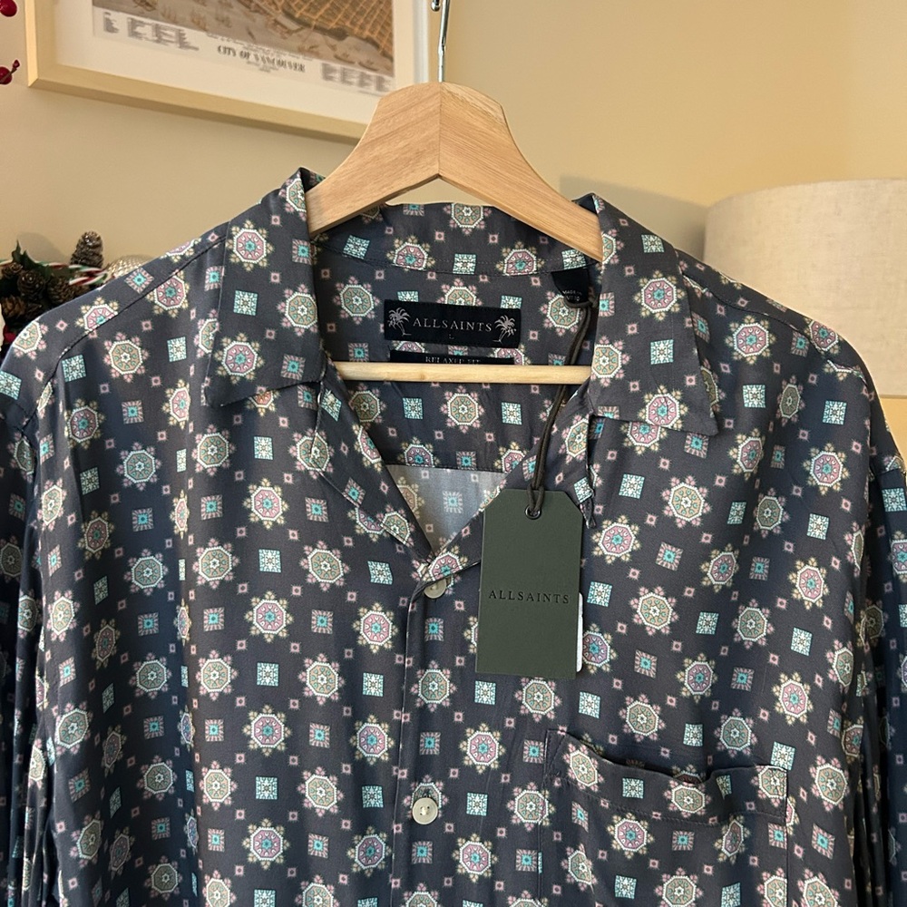 All Saints Men's Geometric Print Grey Shirt 100% Viscose